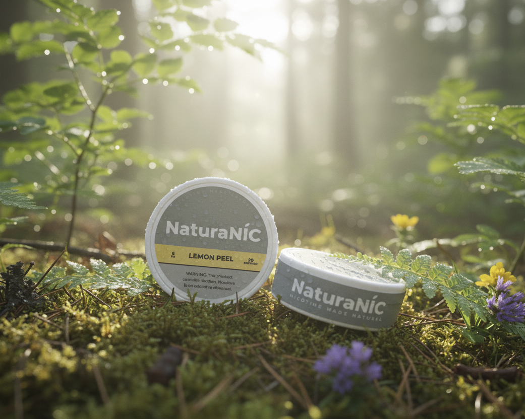 Two containers of NaturaNic on a forest floor with sunlight filtering through the trees.
