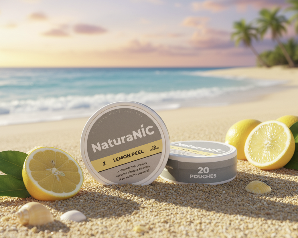 NaturaNic lemon peel product on a sandy beach with lemons and palm trees in the background